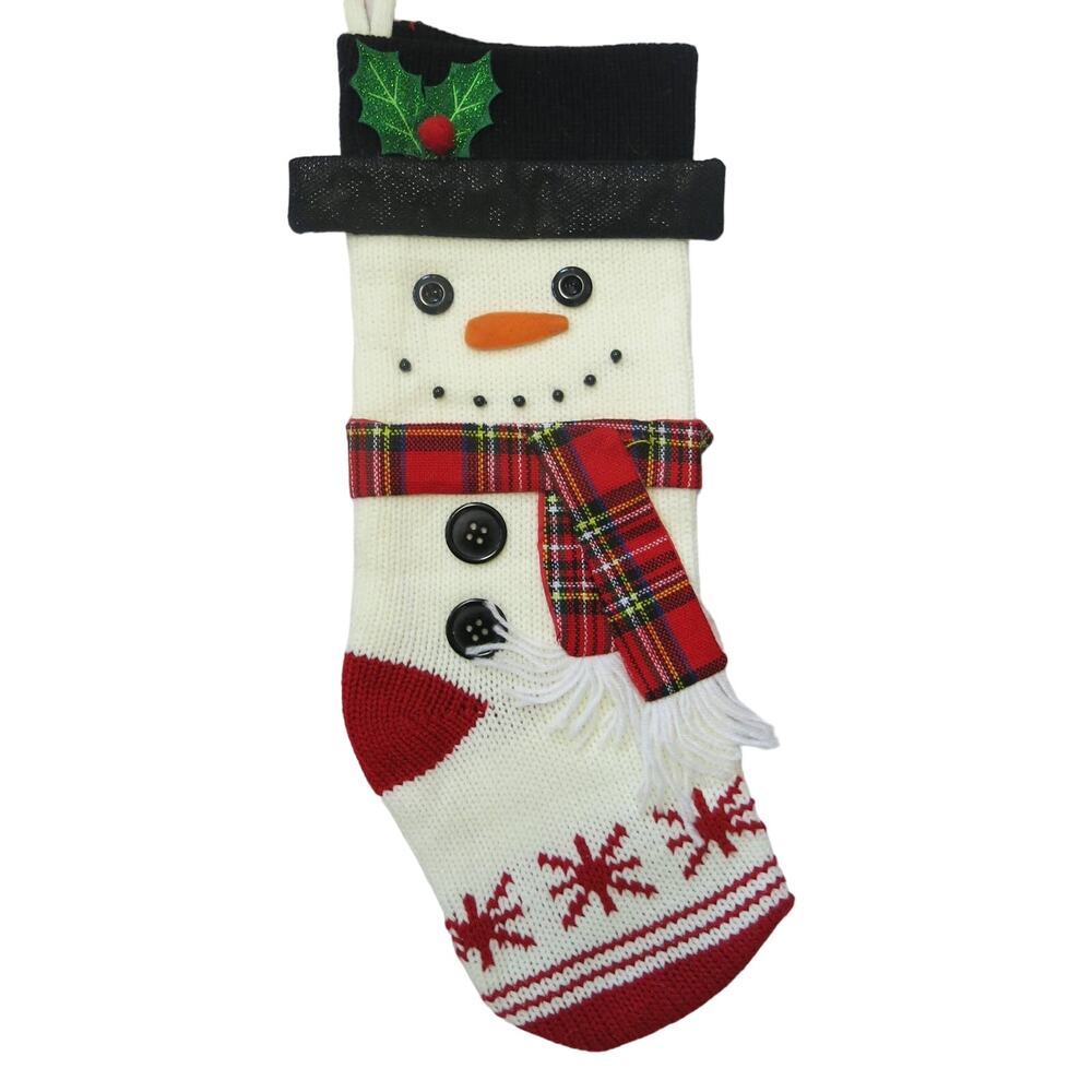 CHRISTMAS STOCKING Snow Man Knit with Button Eyes Scarf 19.5" Tall Santa Holiday